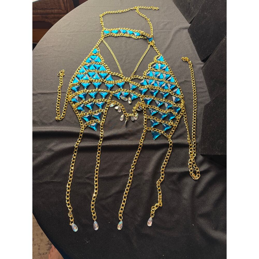 Rhinestone body chain bra, statement accessory bikini harness top body jewelry - Picture 2 of 10